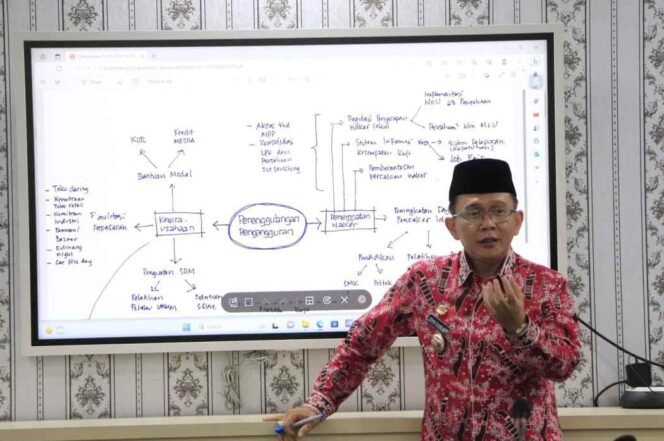 
Penjabat (Pj) Bupati Bekasi, Dani Ramdan, dalam rapat Koordinasi Percepatan Penanggulangan Pengangguran Daerah (KP3D) Kabupaten Bekasi yang diadakan di Ruang Rapat Bupati, Komplek Plaza Pemda Bekasi Cikarang Pusat pada hari Jumat (07/07/23). (Dok: Istimewa)