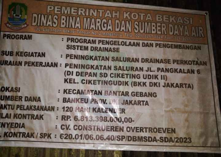 Proyek Drainase Jalan Pangkalan 6 Kota Bekasi. (Dok: Istimewa)