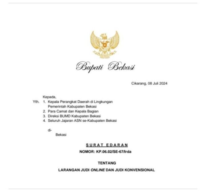 Surat Edaran Larangan Perjudian Bagi ASN dan Pegawai BUMD. (Dok: Istimewa)