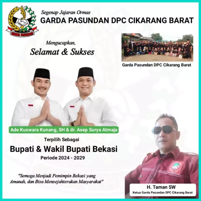 
Garda Pasundan DPC Cikarang Barat Ucapkan Selamat Atas Terpilihnya Paslon Ade-Asep Sebagai Bupati/Wakil Bupati Bekasi Periode 2024-2029. (Dok: Istimewa)