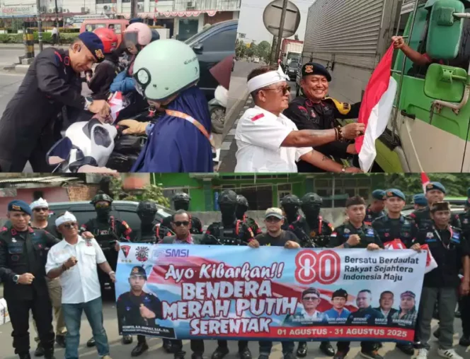 
Aliansi Ormas Bekasi, SMSI & Brimob Kompak Bagikan Ribuan Bendera Merah Putih Kepada Pengguna Jalan. (Dok: Istimewa)