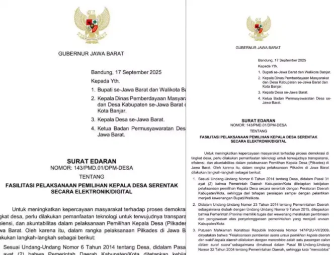 
Surat Edaran Gubernur Jabar Tentang Pilkades Elektronik. (Dok: Istimewa)