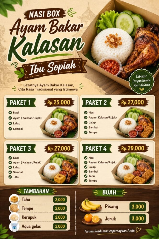 
Photo : Menu Andalan Ayam Bakar Kalasan Ibu Sopiah (Doc.Ist) 